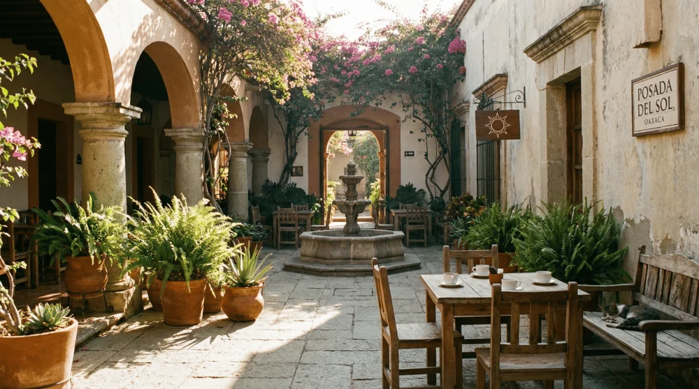 Sunny courtyard of a colonial-style boutique hotel with plants and archways
