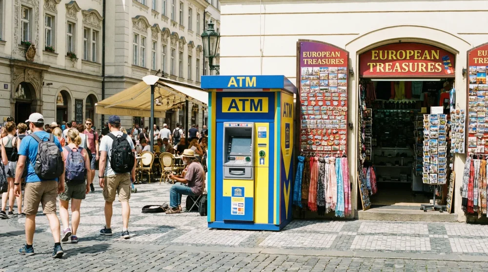 A standalone independent ATM located next to a tourist shop on a European street