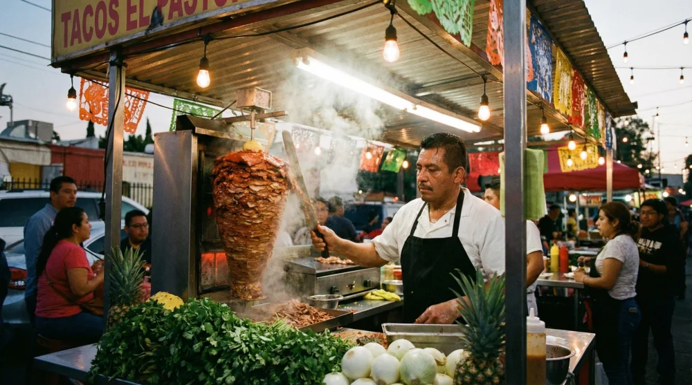 Chef slicing meat for tacos al pastor at a busy Mexican street food stall