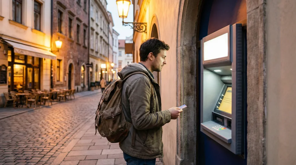A traveler using a European ATM while holding a credit card