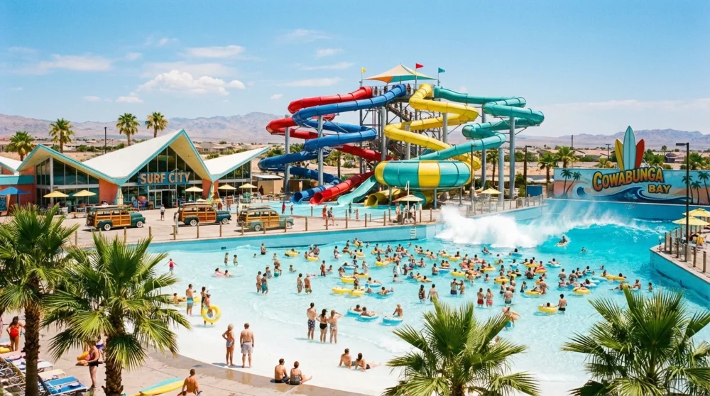 Colorful retro themed water park slides and large wave pool at Cowabunga Bay Henderson
