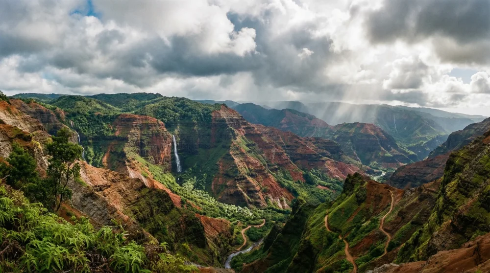 The colorful red and green landscape of Waimea Canyon known as the Grand Canyon of the Pacific on Kauai island.