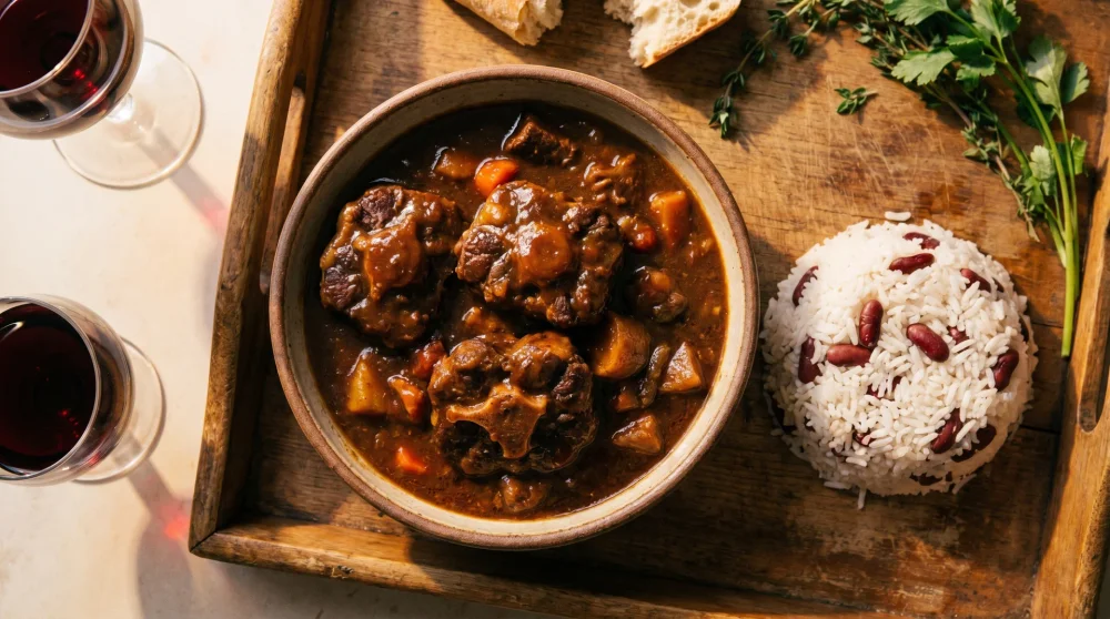 Caymanian oxtail stew with rice and beans served at a local East End restaurant