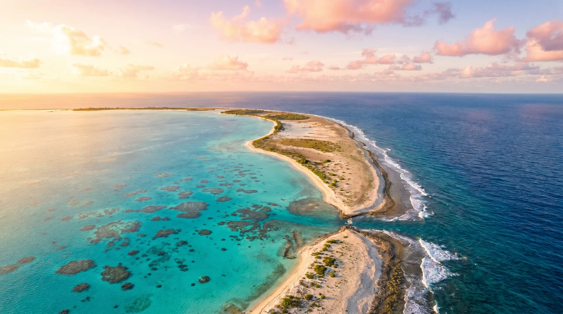 Aerial view of Tuvalu's low-lying coral atoll barely above sea level surrounded by turquoise Pacific Ocean
