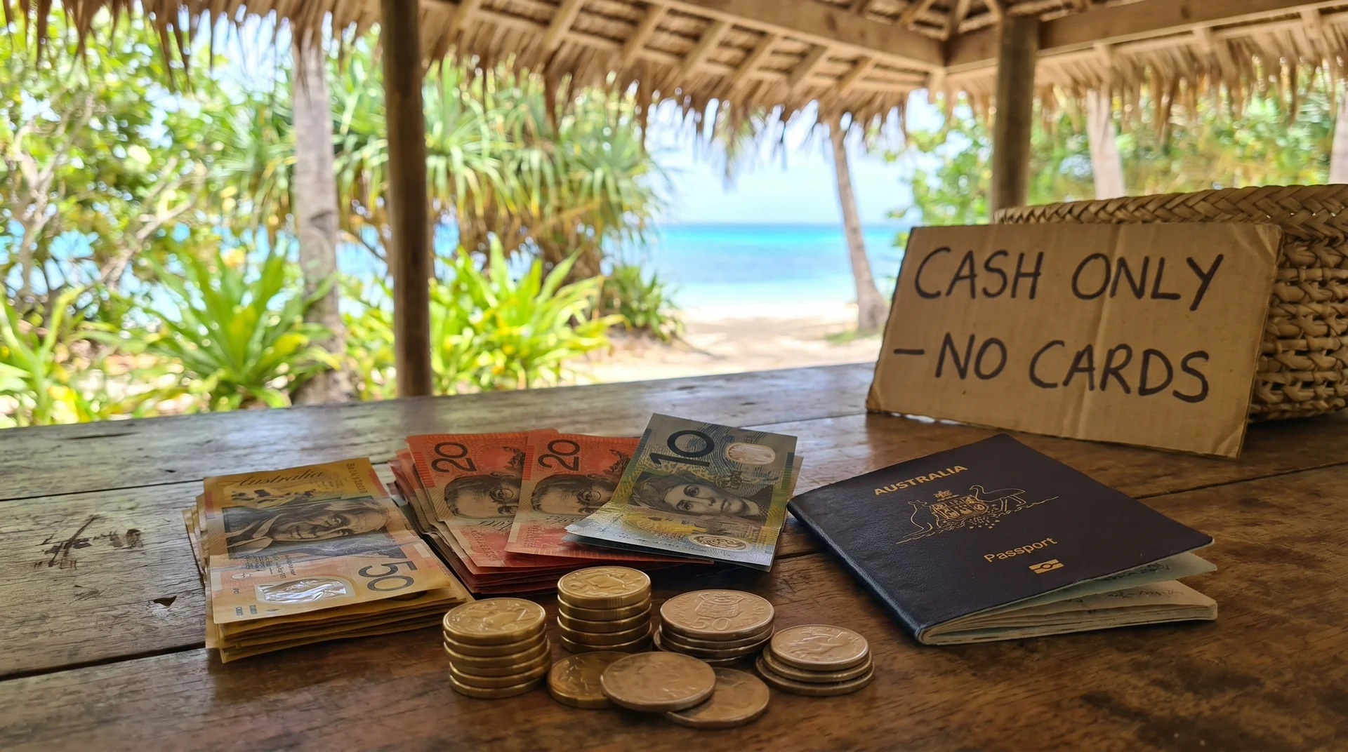 Australian Dollar cash next to a passport ready for paying the Tuvalu visa on arrival fee at the border