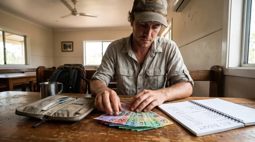 A traveler counting Australian Dollar cash at a guesthouse table in Tuvalu while budget planning for their trip