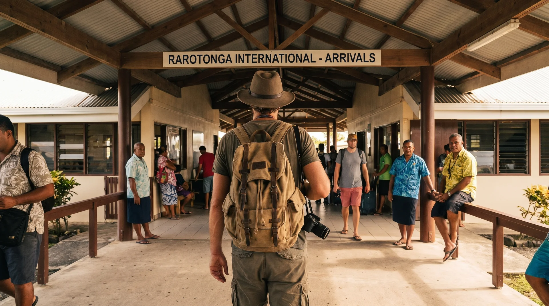 A traveler with only a small carry-on bag at a Pacific island airport terminal showing carry-on-only strategy for Tuvalu flights