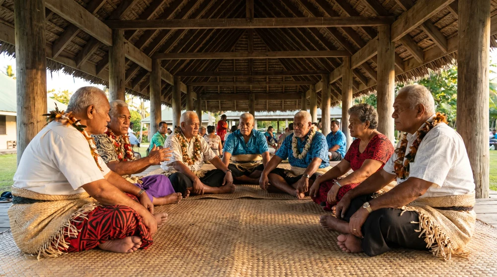 Tuvalu community elders meeting under a traditional maneapa hall discussing climate change adaptation