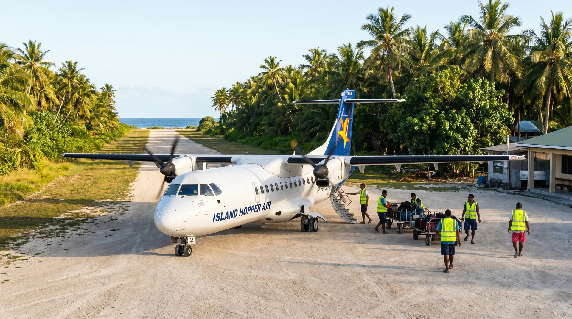 A Fiji Airways ATR 72 propeller aircraft on the runway at Funafuti International Airport in Tuvalu