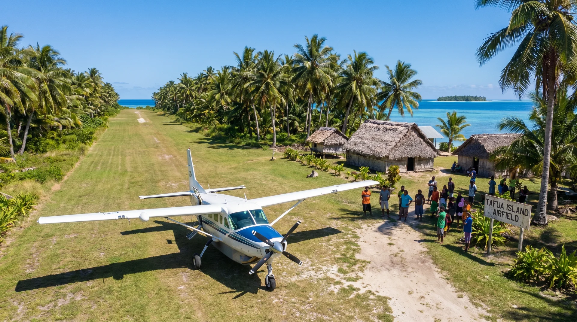 A small Fiji Airways ATR propeller plane on the runway at Funafuti International Airport in Tuvalu