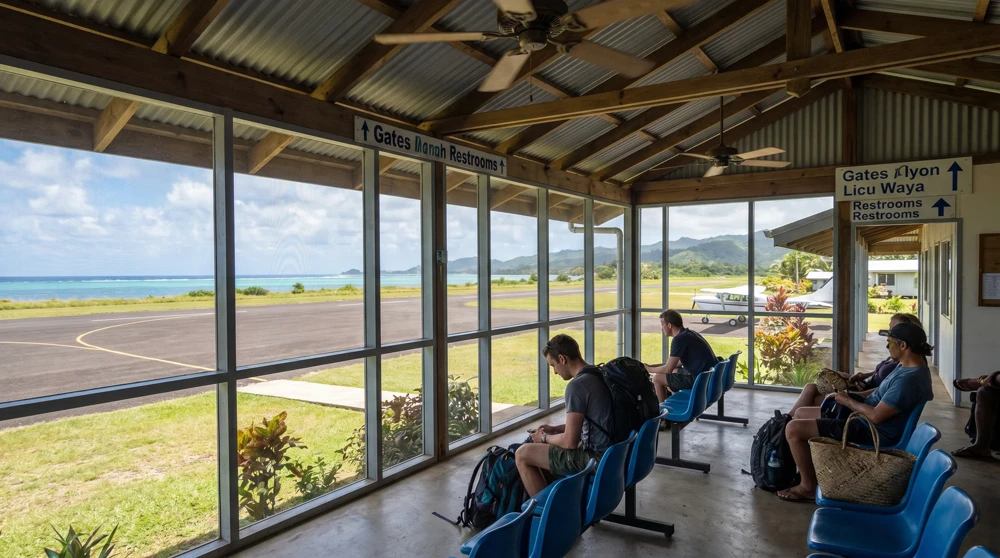 The small terminal building at Funafuti International Airport in Tuvalu with the community-use runway visible