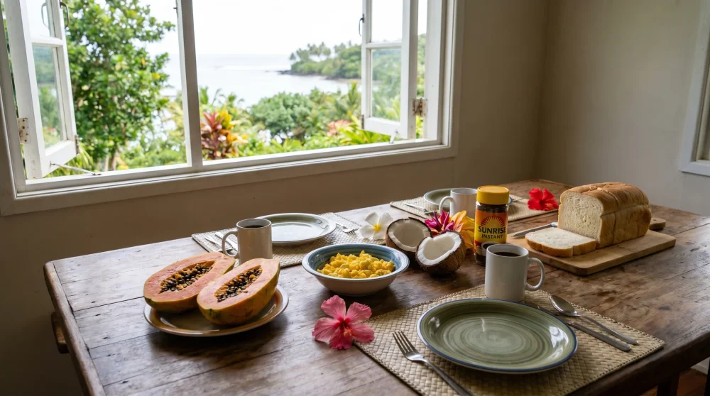 A simple guesthouse breakfast spread in Funafuti Tuvalu with local fruit, eggs and coffee