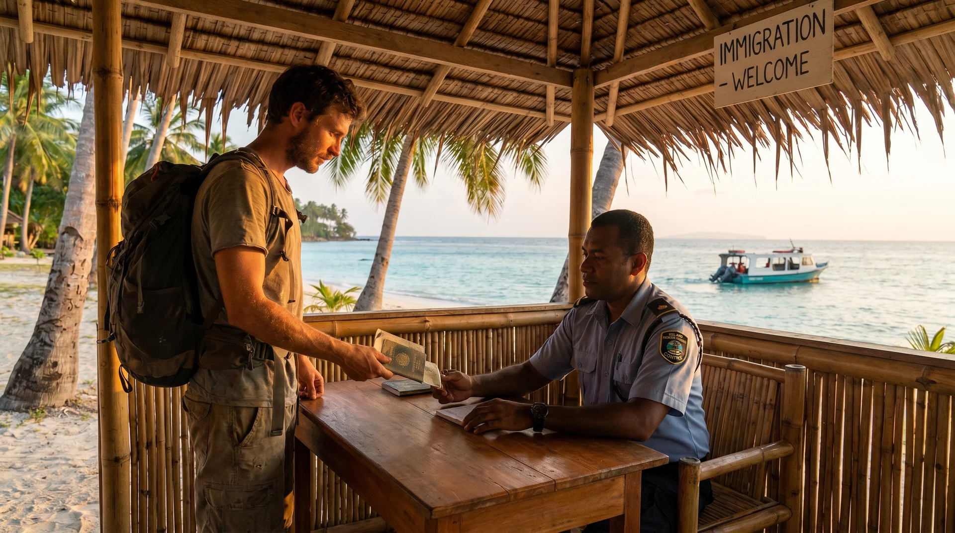 A traveler presenting their passport at Funafuti International Airport immigration desk in Tuvalu