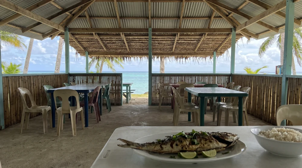 Open-air dining area at a Tuvalu guesthouse with lagoon view and simple local fish meal