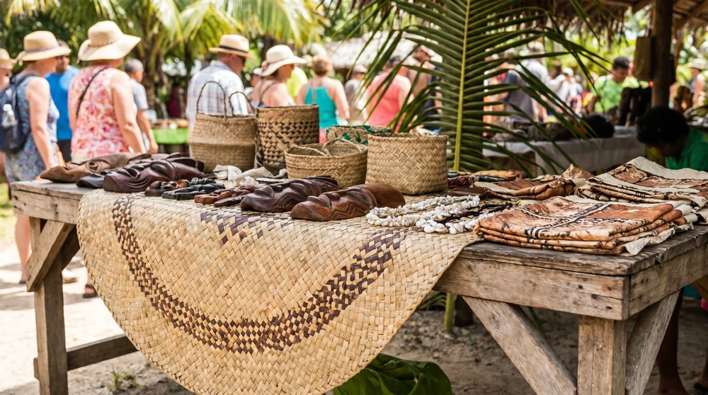 Traditional Tuvalu woven mats and handicrafts at the Funafuti Handicraft Center requiring biosecurity certificates for export