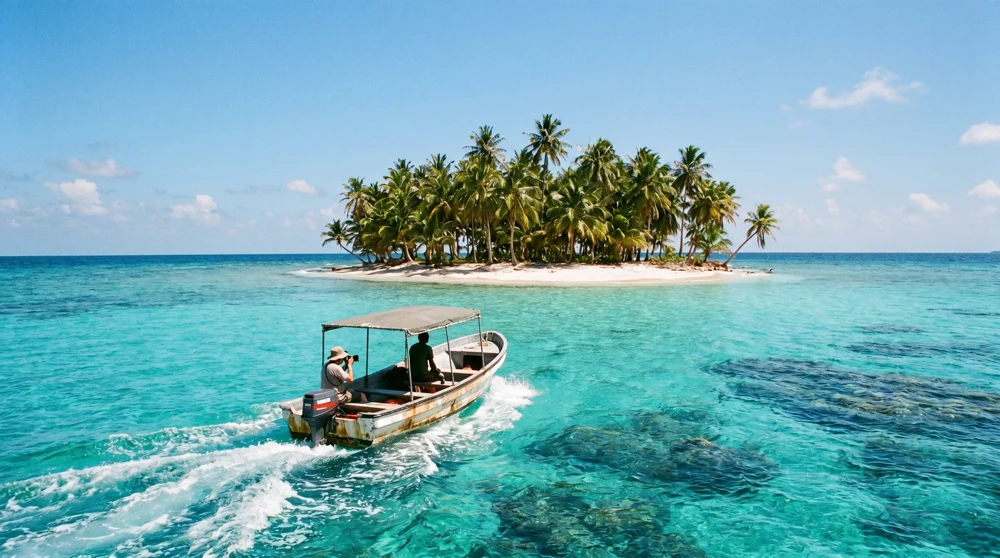 A small motorboat heading across the Funafuti lagoon toward a small sandy islet inside the Funafuti Conservation Area