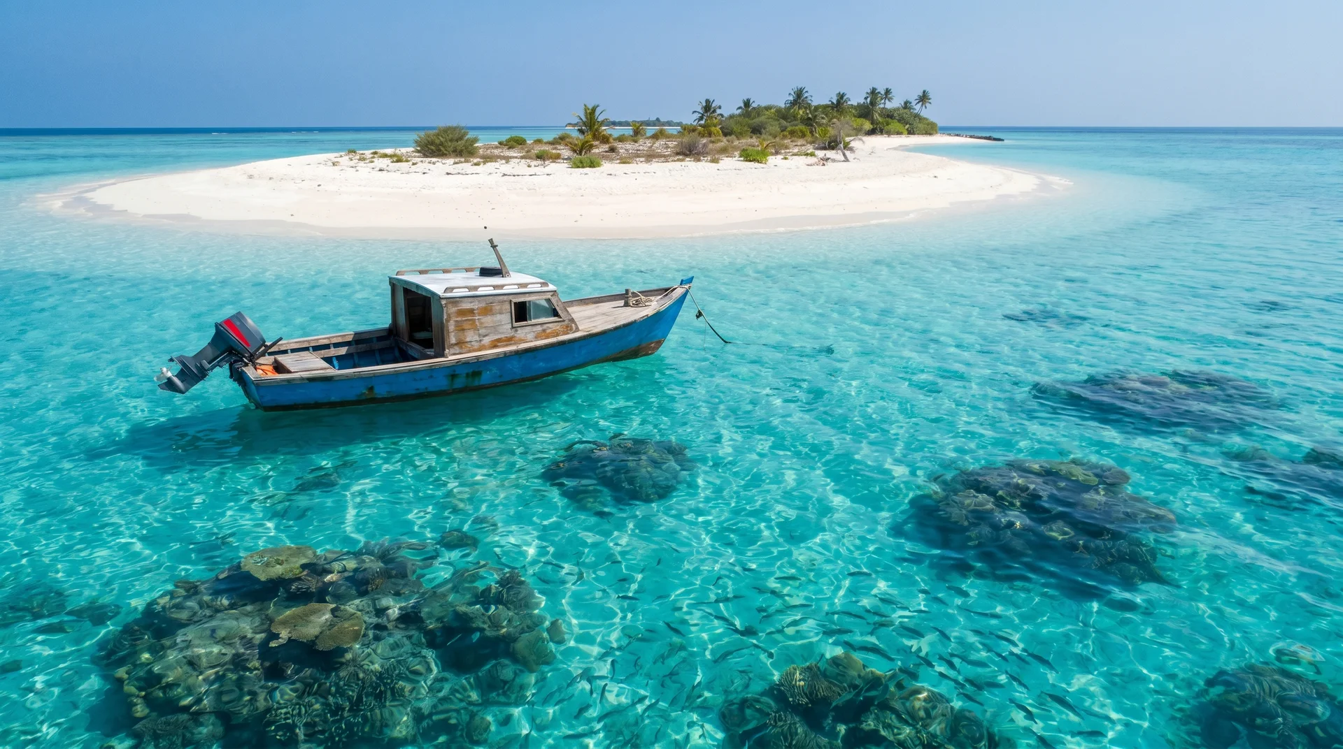 A small motorboat used for lagoon tours near the Funafuti Conservation Area in Tuvalu
