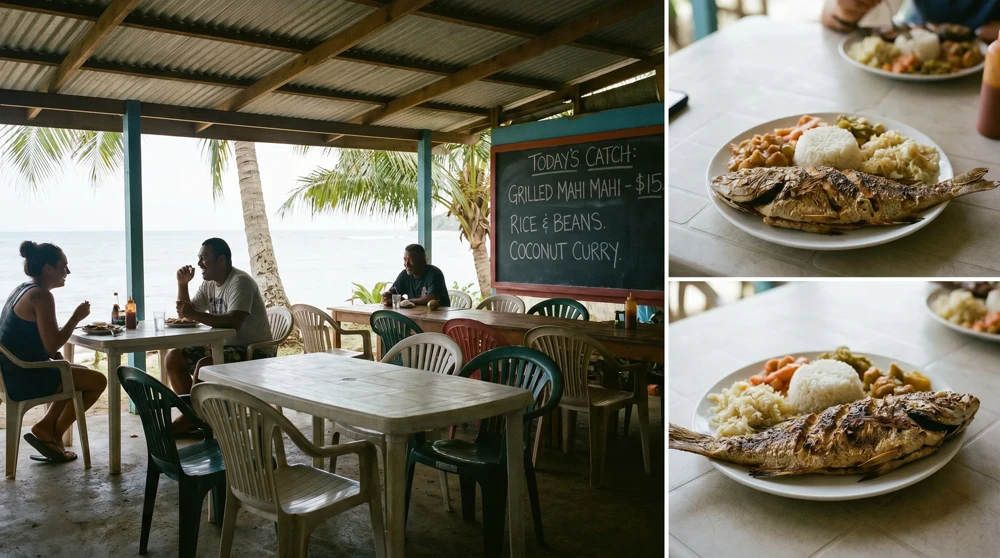 A simple local restaurant in Funafuti Tuvalu serving fresh fish and rice as the main local meal