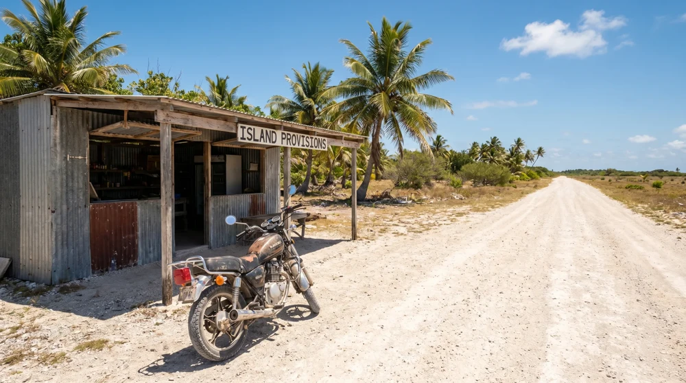 A rented motorbike on a quiet road in Funafuti Tuvalu, the most common form of local transport on the atoll