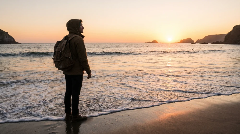 A solo traveler standing on a Tuvalu beach at golden hour contemplating the island's uncertain future