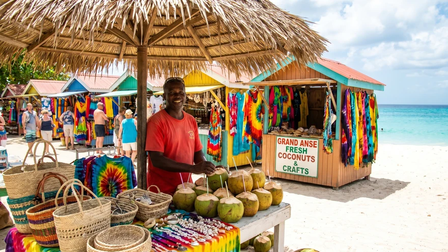 Local vendors at Grand Anse Beach Grenada selling coconuts and crafts